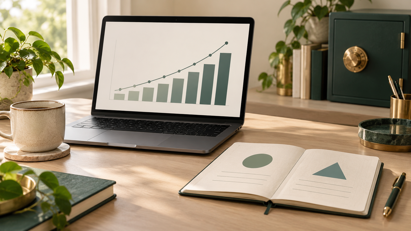 Laptop showing a growth chart and notebook representing the VaultRule mission
